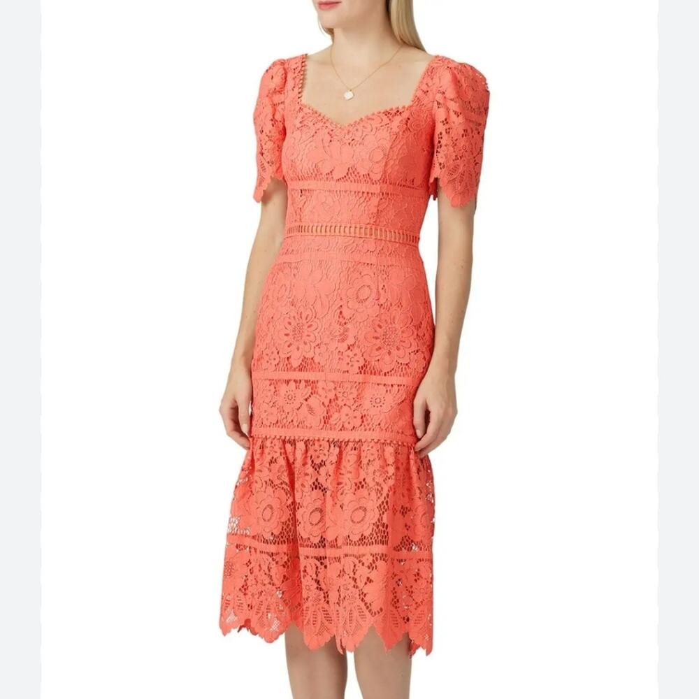 Saylor New York Burnt Coral Floral Lace Sweetheart Neckline Ruffle Midi Dress XS